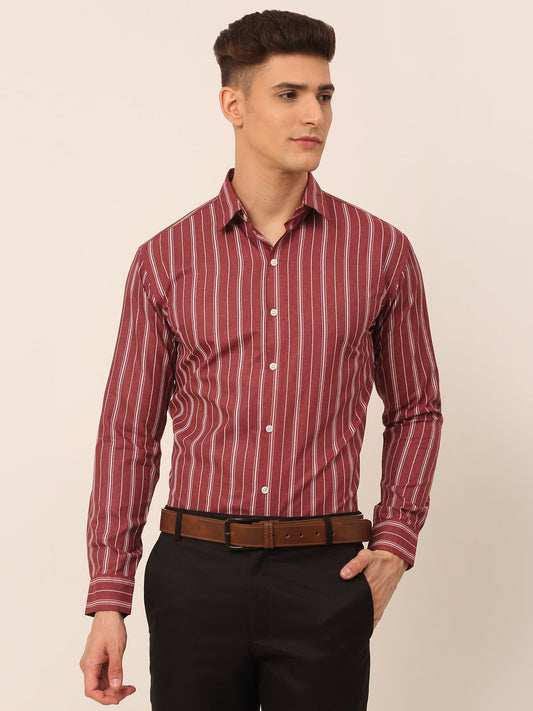 Jainish Men's Maroon & White Classic Striped Formal Shirt
