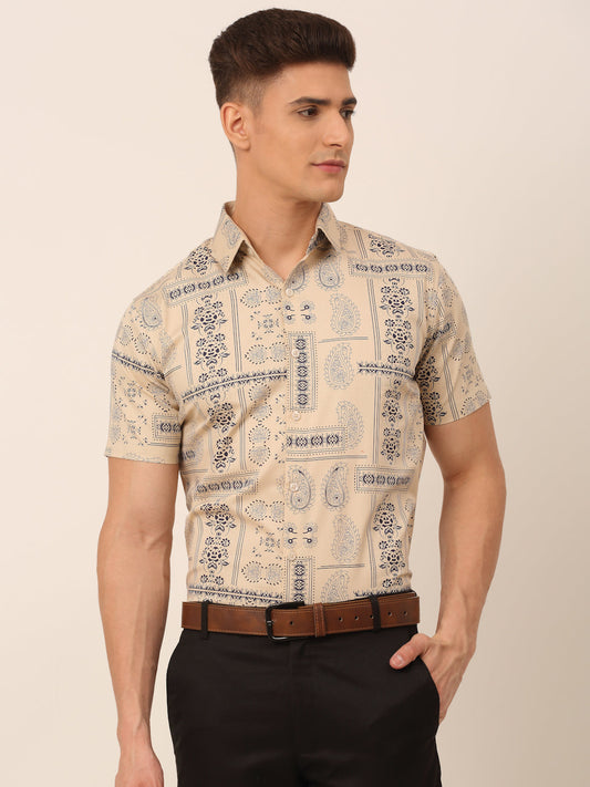 Jainish Men's Cotton Printed Formal Shirts - Beige