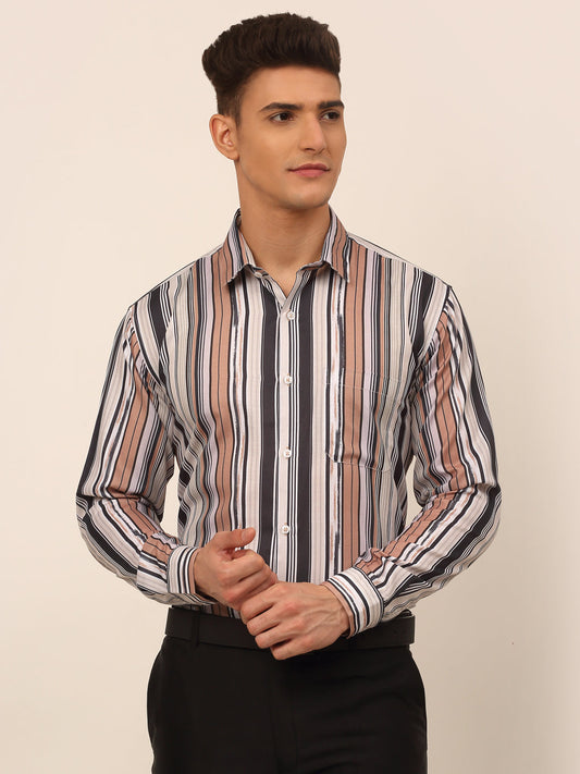 Jainish Men's Cotton Striped Formal Shirts - Brown