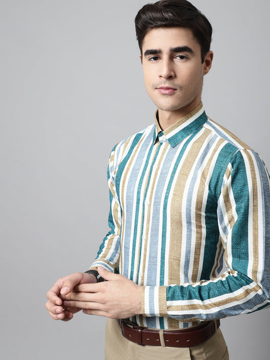 Jainish Men's Green Classic Striped Formal Shirt