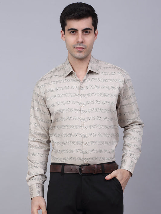 Jainish Men's Cotton Lycra Printed Formal Shirts - Cream