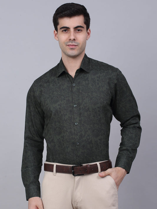 Jainish Men's Cotton Lycra Printed Formal Shirts - Olive