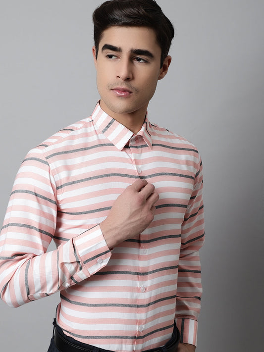 Jainish Men's Peach Classic Horizontal Striped Formal Shirt