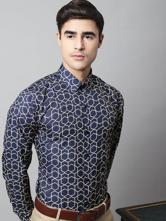 Jainish Men's Navy Blue Classic Printed Formal Shirt