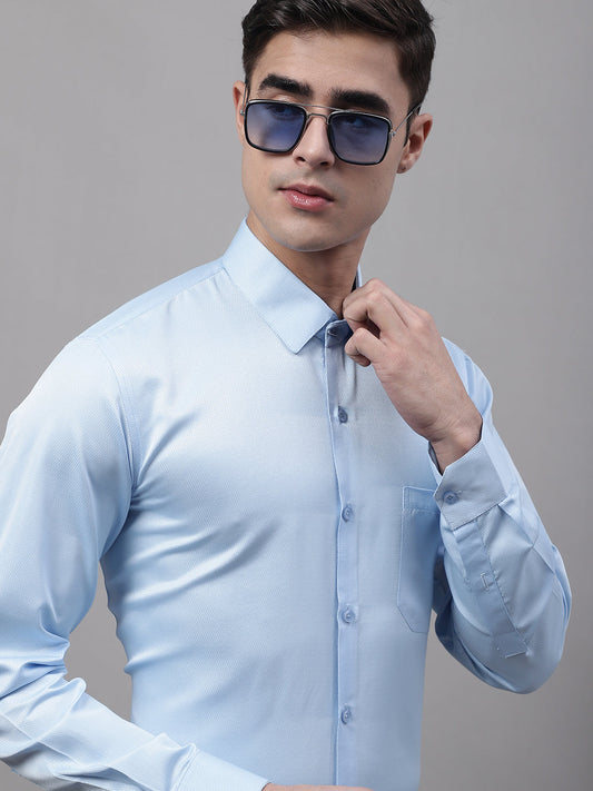 Jainish Men's Light-Blue Dobby Textured Formal Shirt