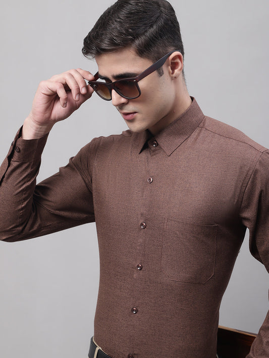 Jainish Men's Coffee Brown Cotton Solid Formal Shirt