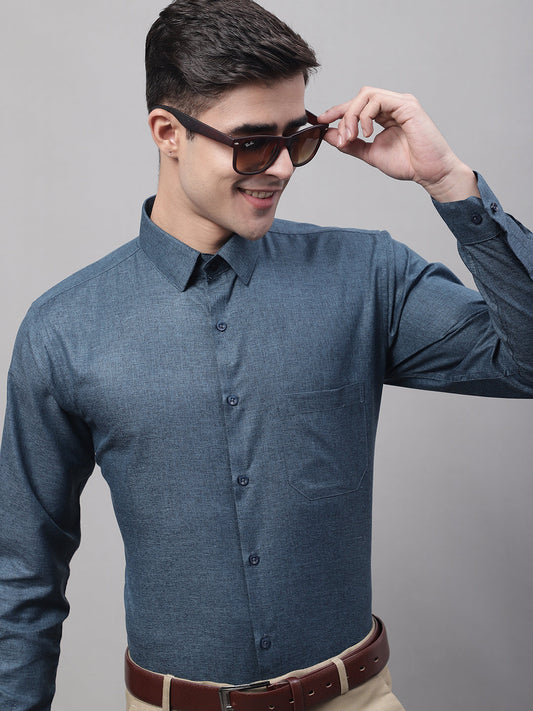 Jainish Men's Teal Blue Cotton Solid Formal Shirt