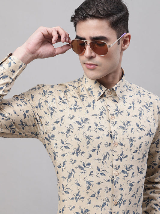 Jainish Men's Beige Regular Fit Printed Pure Cotton Formal Shirt