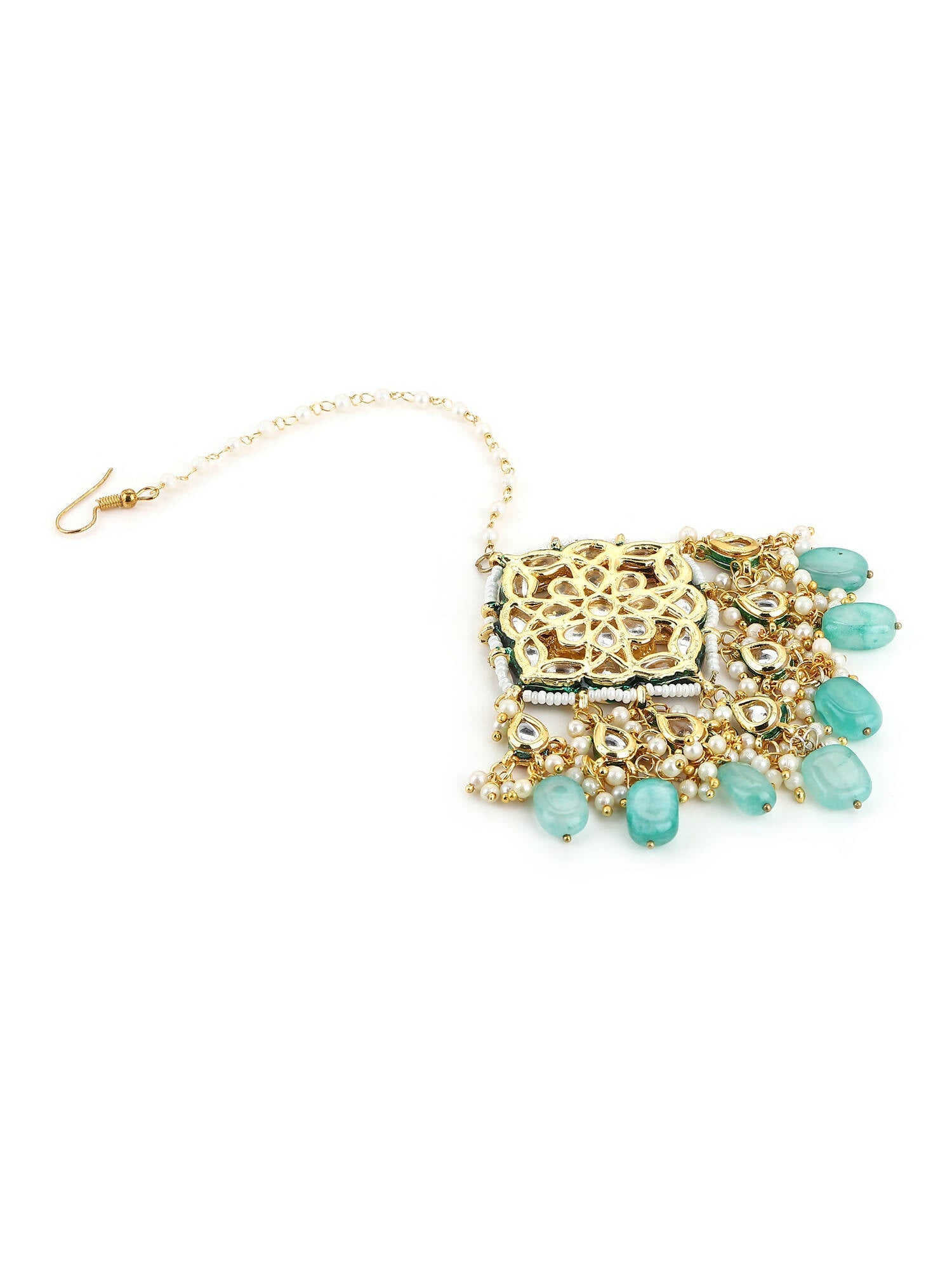 White Blue Gold-Plated Kundan-Studded Beaded Maang Tikka - Ruby Raang - Grab2buy