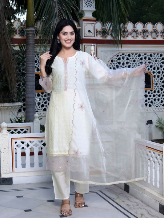 Miravan Women's Organza Cotton Chikankari Embroidered With Purple Sequence work Jaipuri Suit Set