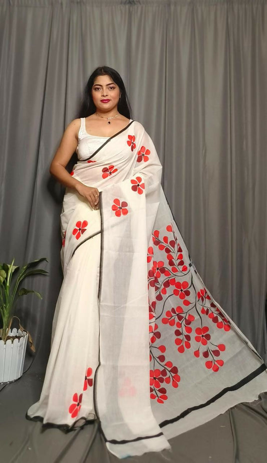 Exclusive Collection Beautiful White Red Pure Cotton Hand Print Handloom Grab2Buy With Running Blouse Piece