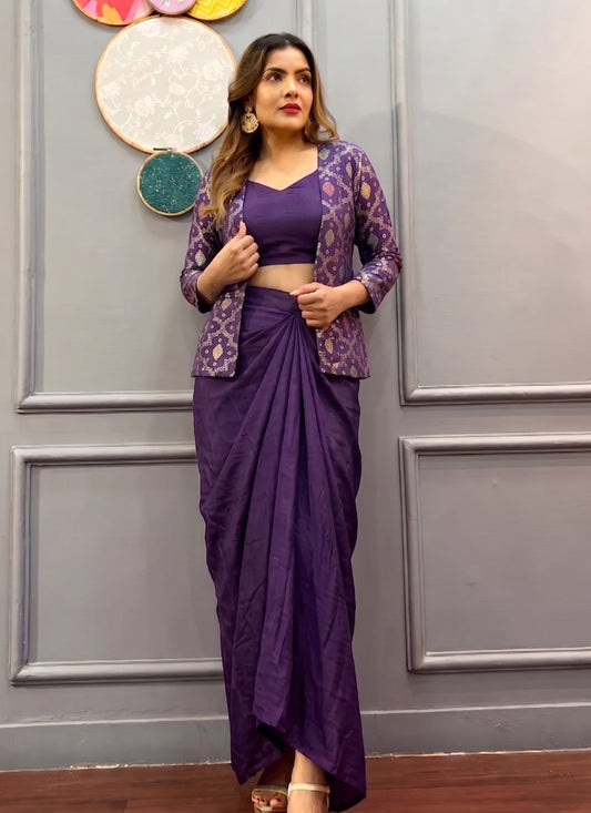 Vegaa Fashion Purple Brocade Chinon Silk Indo Western Suit Grab2Buy Vegaa Fashion Grab2Buy