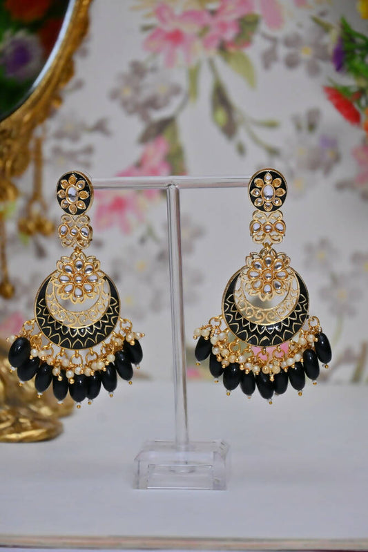 Gold Plated Kundan & Pearl Dangle Women Black Meenakari Chandbali Earrings By House of Ree - Grab2buy