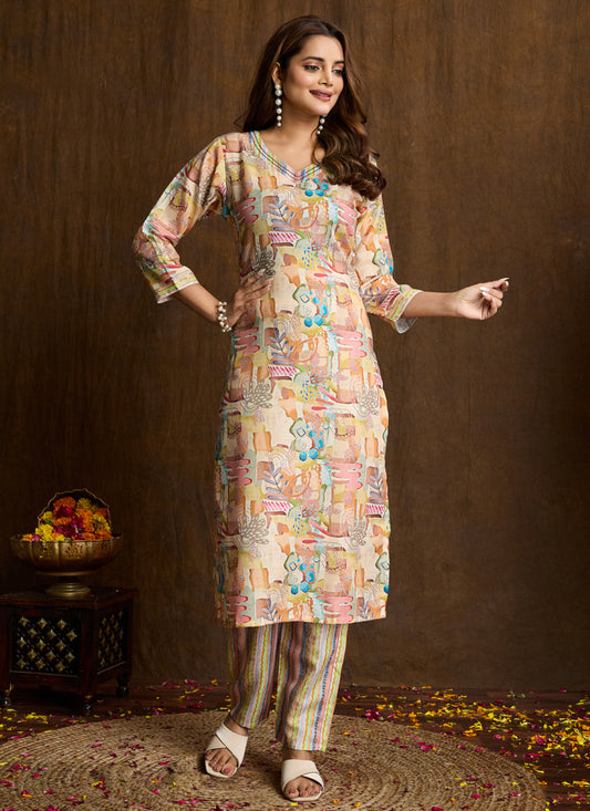 Prazu Fashion Cream Printed Cotton Blend Kurta Pant Set