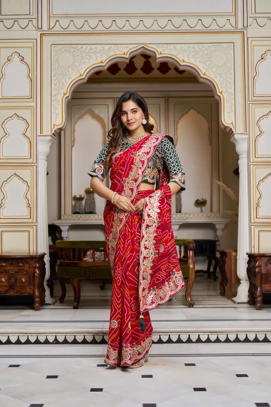 SDF New Festival bandhrej Red saree