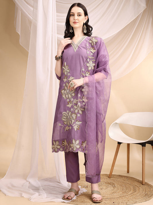 Hand & Thread Placement Embroidered Kurta With Pant & Embroidered Dupatta, Lavender - Hiral Fashion