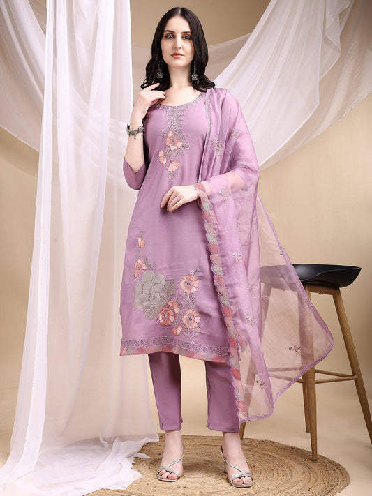 Hand Embroidered Kurta With Pant & Embroidered Dupatta, Lavender - Hiral Fashion