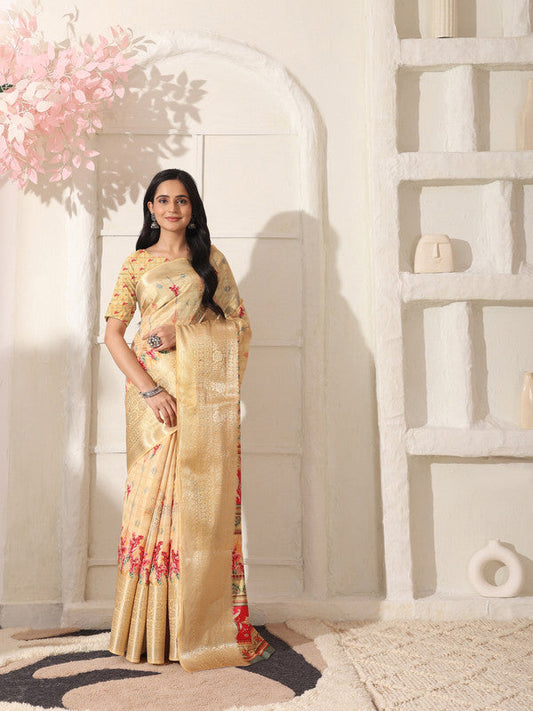 Shivam Fabrics Beige Lichi Patta Fabric Printed Saree