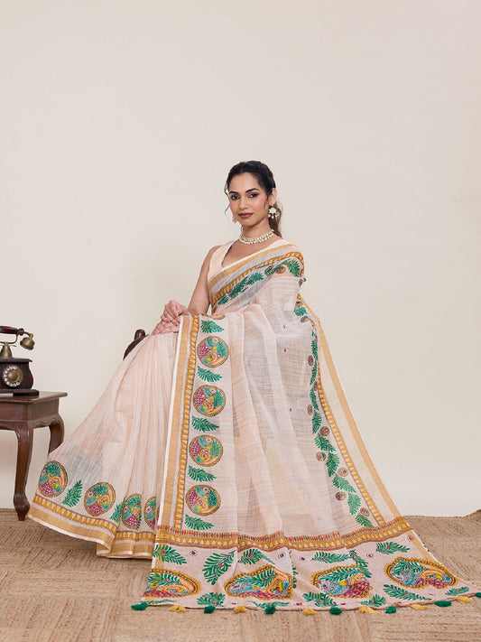 Dwija Fashion Ivory Casual Wear Linen Saree Mirror Work With Unstitched Blouse
