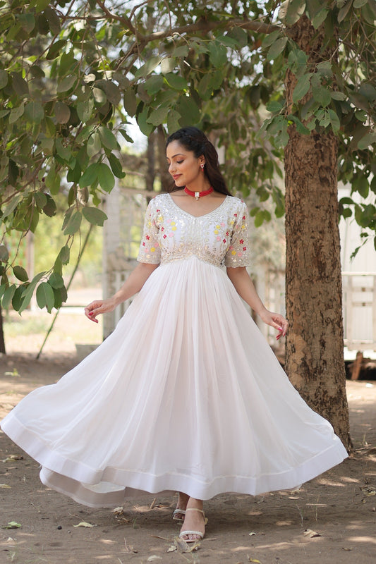 Sonakshi Women's White Faux Blooming Sequins with Zari Embroidered Long Anarkali Dress