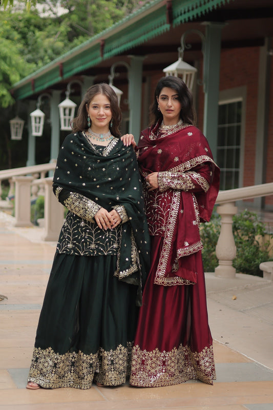 Sonakshi Women's Bottle Green & Maroon Rangoli Silk Sequins Thread Embroidered Combo Sharara Sets