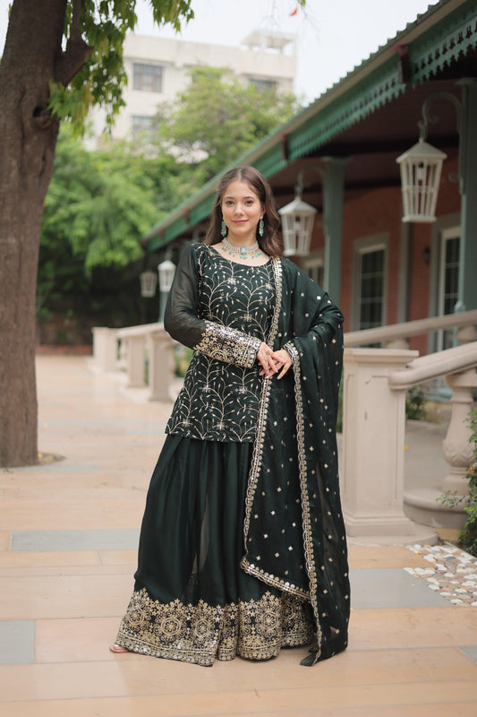Sonakshi Women's Bottle Green Rangoli Silk Sequins Thread Embroidered Sharara Sets