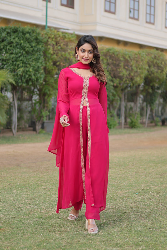 Sonakshi Women's Pink Faux Blooming Embroidered Kurta Sets