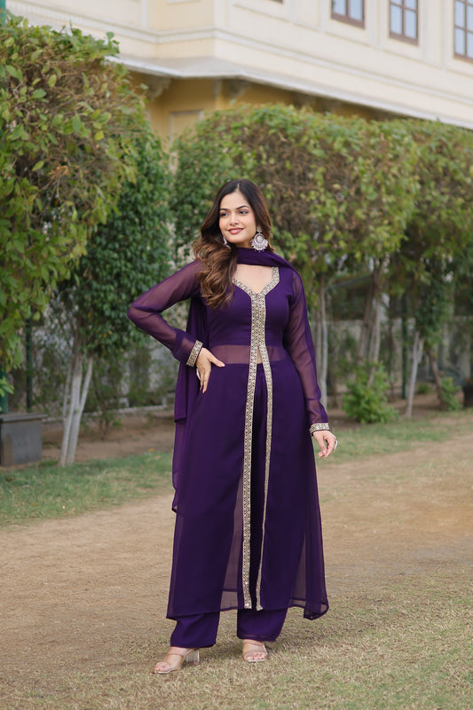 Sonakshi Women's Wine Faux Blooming Embroidered Kurta Sets