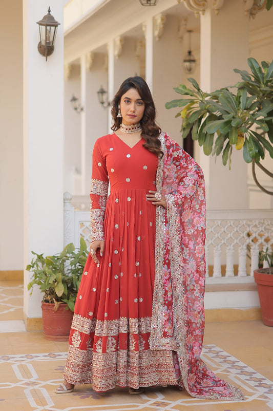 Sonakshi Women's Orange Faux Georgette Sequins Zari Embroidered Anarkali Dress with Dupatta