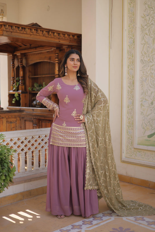 Sonakshi Women's Onion Faux Georgette Sequins Thread Embroidered Sharara Sets