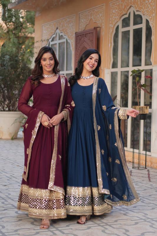 Sonakshi Women's Blue & Wine Faux Blooming Sequins Zari Embroidered Combo Anarkali Sets
