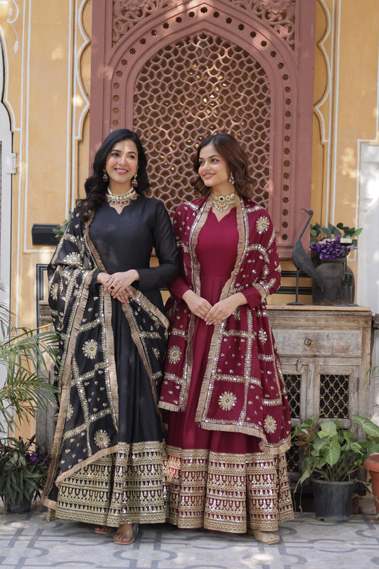 Sonakshi Women's Black & Maroon Georgette Sequins Zari Embroidered Combo Anarkali Sets