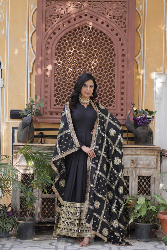 Sonakshi Women's Black Georgette Sequins Zari Embroidered Long Anarkali Sets