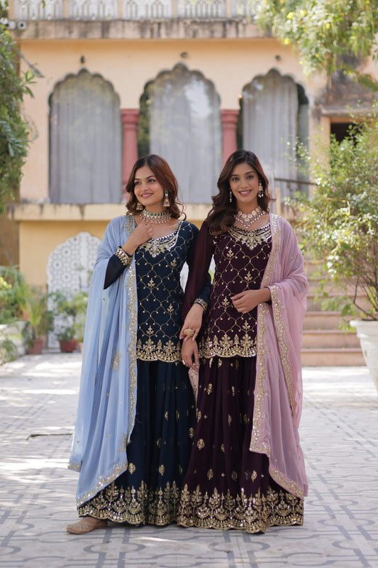 Sonakshi Women's Blue & Wine Faux Blooming Sequins Embroidered Combo Kurta Set with Dupatta