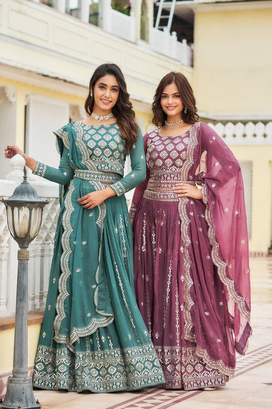 Sonakshi Women's Teal & Onion Faux Georgette 7MM Sequins Embroidered Lehenga Choli Combo Set