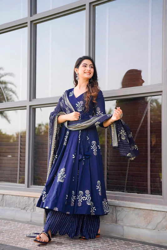 Sonakshi Women's Royal Blue Maslin Digital Print Full Round Flair Anarkali Gown Set With Dupatta