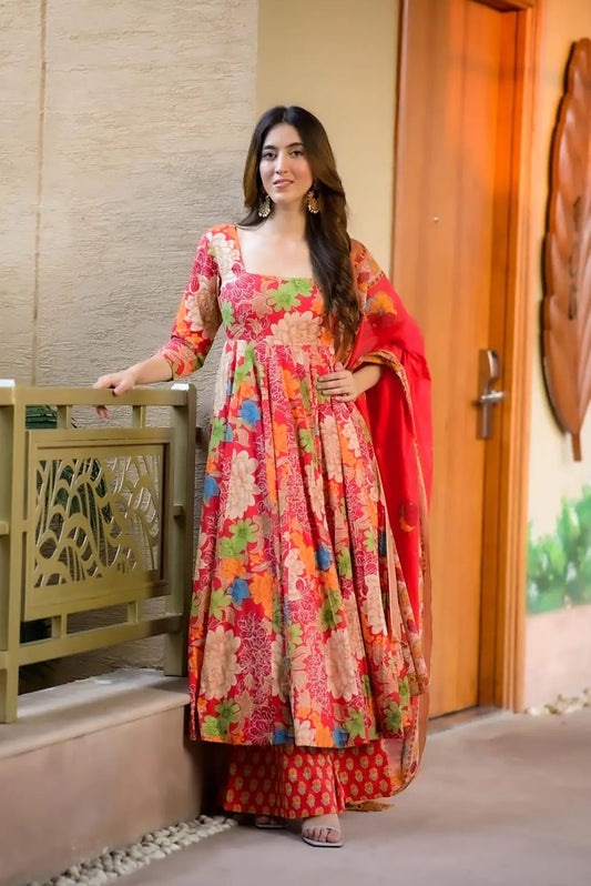 Sonakshi Women's Multycolor Maslin Digital Print Full Round Flair Anarkali Gown Set With Dupatta