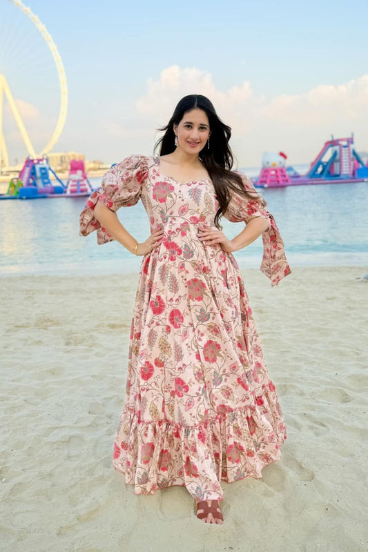 Sonakshi Women's Pink Rayon Digital Print Full Round Flair Anarkali Gown Set