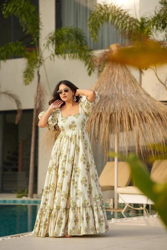 Sonakshi Women's Offwhite Rayon Digital Print Full Round Flair Anarkali Gown Set