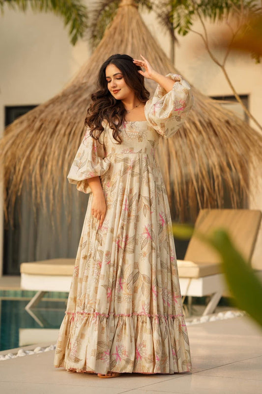 Sonakshi Women's Offwhite Rayon Digital Print Full Round Flair Anarkali Gown Set
