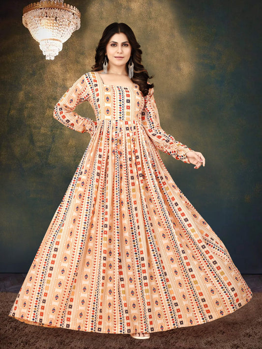 Sonakshi Women's Beige Muslin Digital Print Full Round Flair Anarkali Gown Set