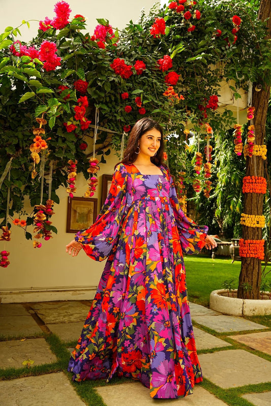 Sonakshi Women's Multicolor Georgette Digital Print Full Round Flair Anarkali Gown Set
