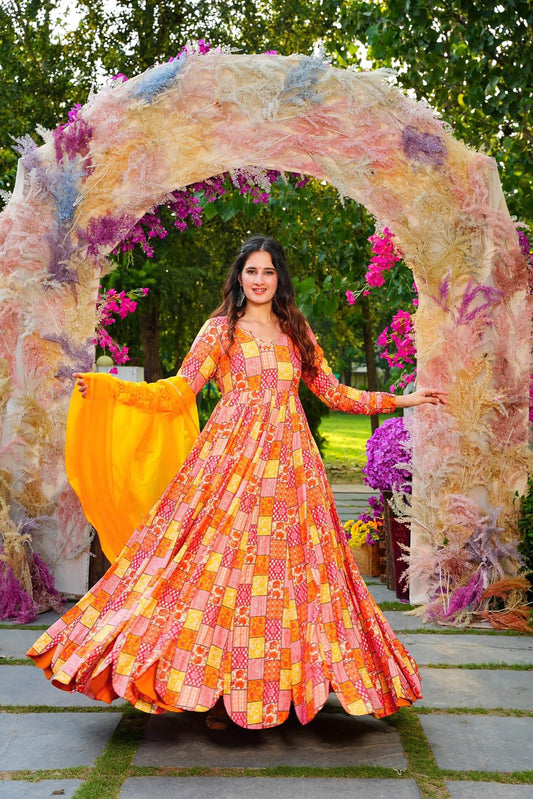 Sonakshi Women's Yellow Rayon Digital Print Full Round Flair Anarkali Gown Set With Dupatta