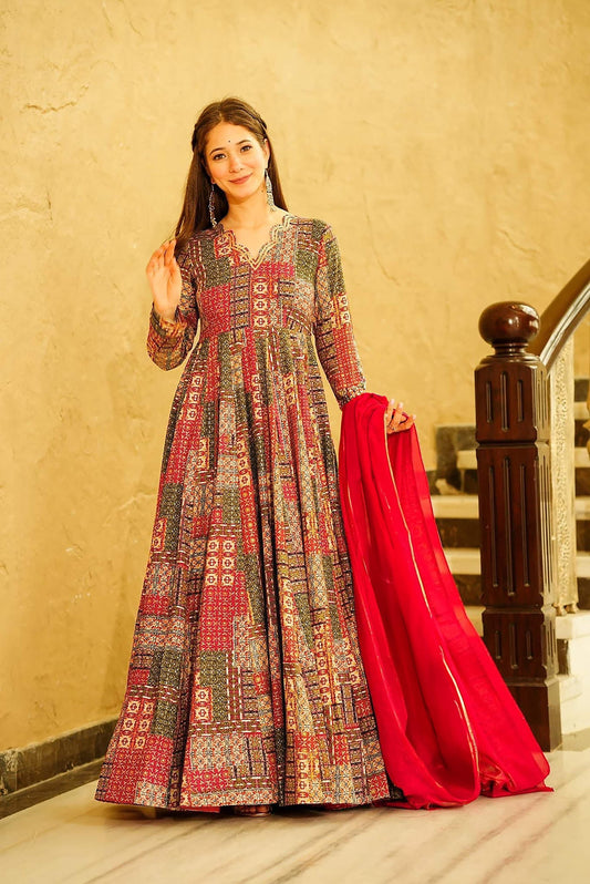 Sonakshi Women's Multicolor Rayon Digital Print Full Round Flair Anarkali Gown Set With Dupatta