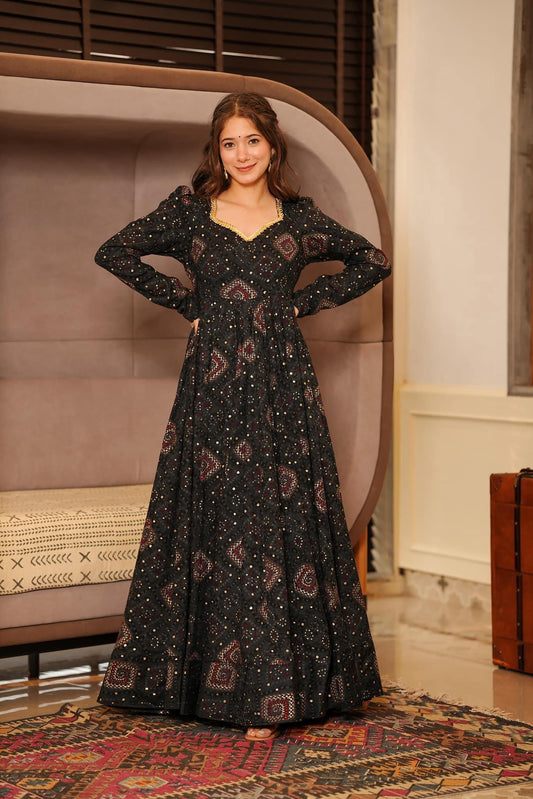 Sonakshi Women's Black Rayon Digital Print Full Round Flair Anarkali Gown Set