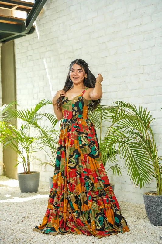 Sonakshi Women's Multicolor Rayon Digital Print Full Round Flair Anarkali Gown Set