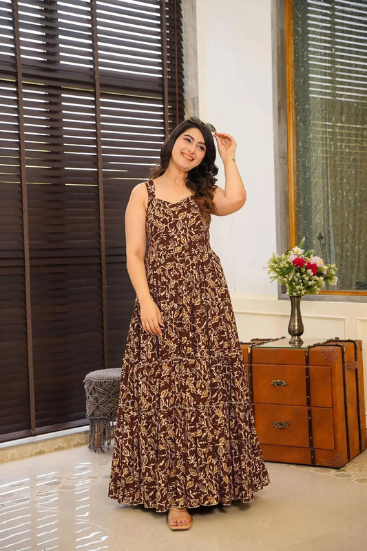 Sonakshi Women's Brown Rayon Digital Print Full Round Flair Anarkali Gown Set