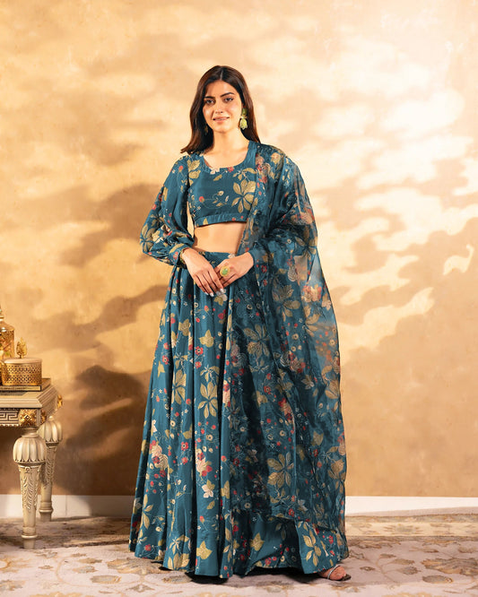 Sonakshi Women's Grey Air Tex Chinon Digital Printed Lehenga Choli With Dupatta