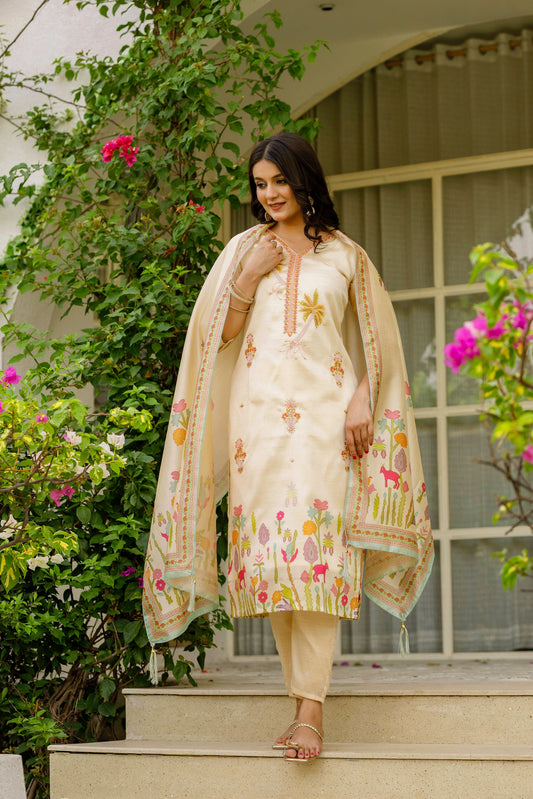 Sonakshi Women's Cream Viscose Assam Silk Embroidered Beads Kurta Set with Dupatta