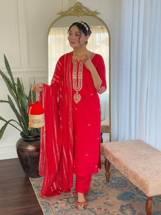 Sonakshi Women's Red Viscose Chanderi Kurta Set with Dupatta